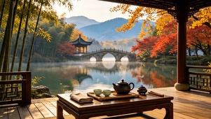 秋天湖畔雅庭品茶