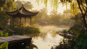 夏日绿色静谧湖畔古亭