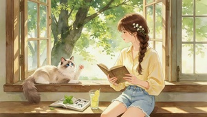 窗边少女与逗趣猫咪