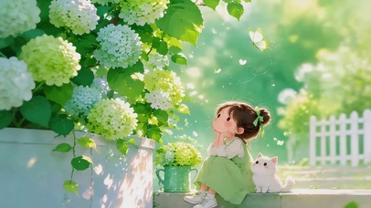 赏花的女孩和猫咪