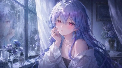 雨天窗边紫发红瞳少女