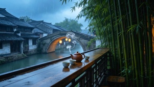 江南水乡古镇雨景