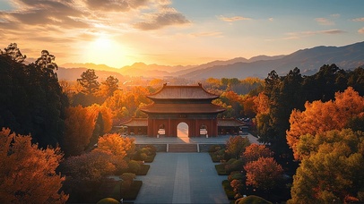 落日秋日古风庭院