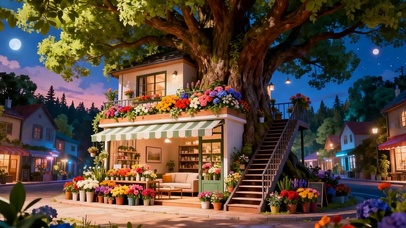 夜景花店树下景色