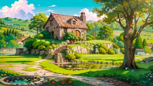 治愈山坡村庄小屋