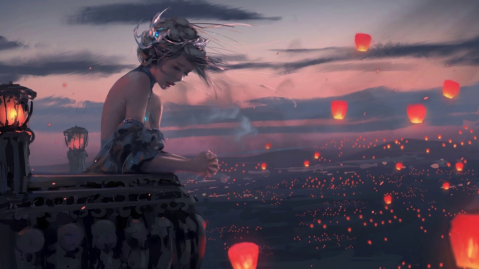 粉紫黄昏天空下，少女坐于露台俯瞰漫天升空的橙红孔明灯。