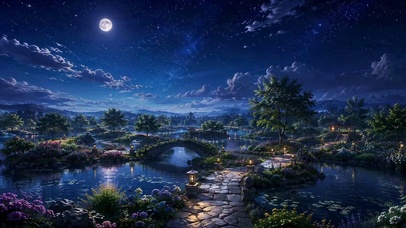 静谧月夜星空湖畔风景