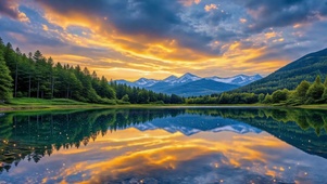 山林间的镜面湖日落