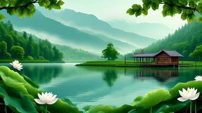 护眼绿色山水荷花小屋