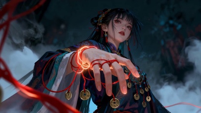 玄衣少女古风国韵国潮长发红线