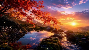 落日红枫溪流唯美风景