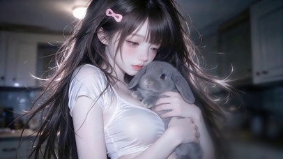 和少女贴贴的萌宠兔