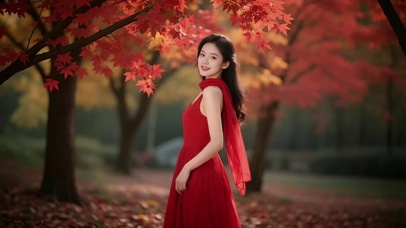 深秋枫林小道旁的红衣美女