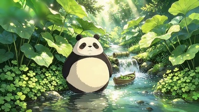 夏天溪流呆萌趣味熊猫