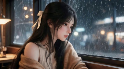 雨天发呆的女孩
