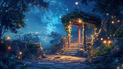 静谧夜空森林古井花园