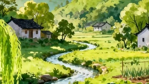 乡村树木河流带鱼屏