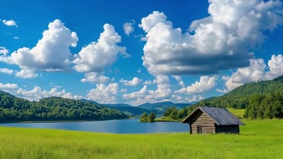 唯美的山水自然小屋风景