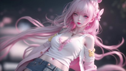 性感可爱甜美粉色长发短裙美少女