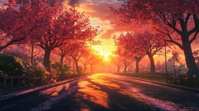 晚霞落日樱花公园街道