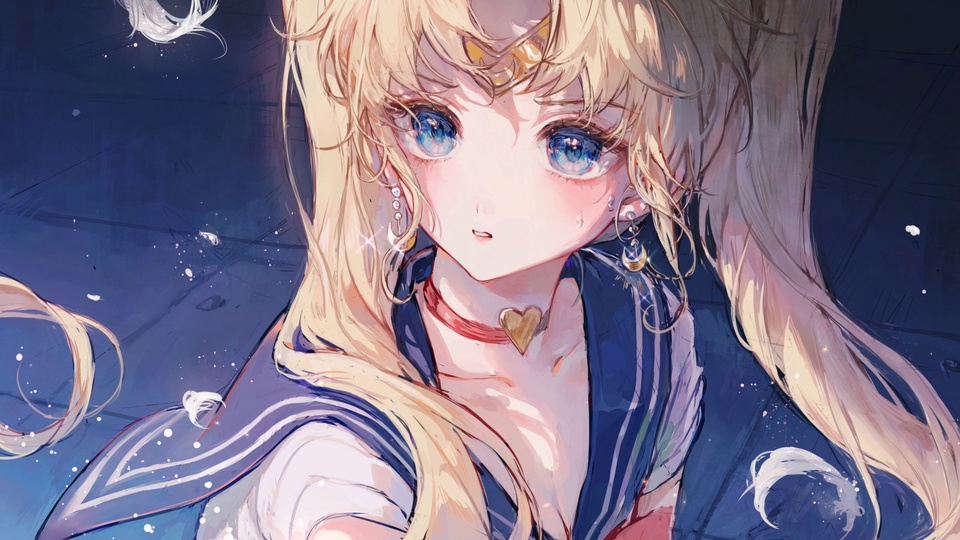 深蓝色缀着细碎星光的夜空下，立着一位金发蓝眼的二次元美少女，画面点缀有红色装饰元素。