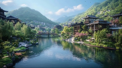 绿色山林水乡清新古城