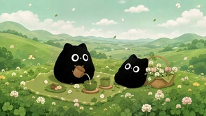 萌趣小黑猫春日郊野野餐
