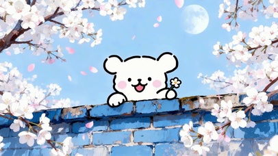 飘落樱花墙顶可爱小狗