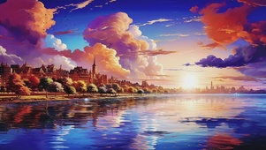 绚丽的湖光水镜油画风风景