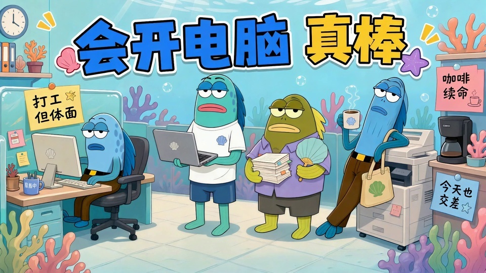 海底办公室内的四条倦怠鱼形上班族卡通插画