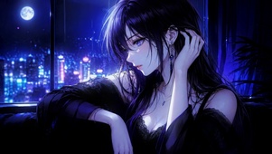 月夜窗边紫发二次元美少女