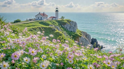 海岸悬崖花海唯美风景