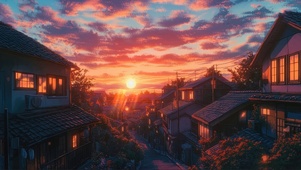 晚霞夕阳古镇建筑风景
