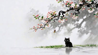 墨色春景小猫