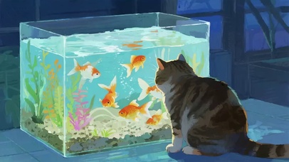 猫咪看着鱼缸里的鱼