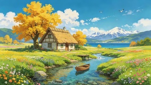 治愈草原小屋河流