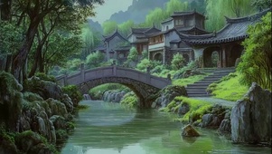 绿色静谧溪流古桥建筑