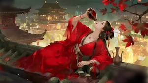 古风动漫-檐上借酒消愁的少女