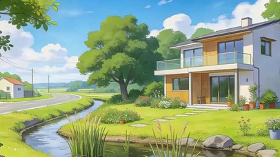 白云树木河流带鱼屏