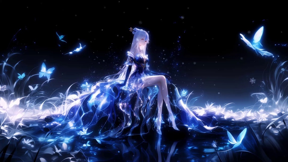 深蓝暗夜中，白发少女身着闪光蓝裙坐于发光水面，周身环绕泛光蓝蝶与发光花草。