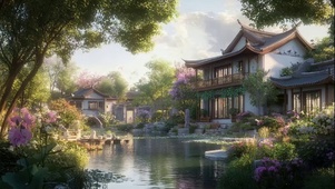 朦胧夏日午后古村湖畔