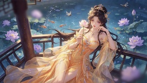 荷塘橙衣少女