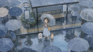雨中巴士站的少女与萌宠