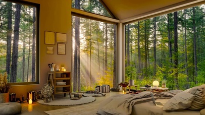 清晨树林阳光小屋