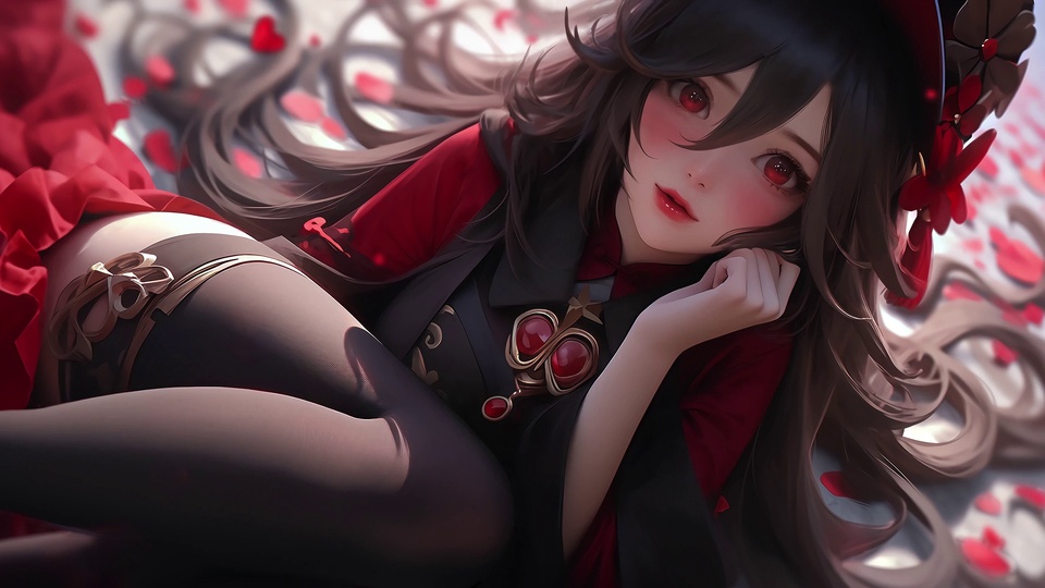 卧于红瓣间的红瞳少女，身着黑红服饰搭配金属纹饰黑长袜。