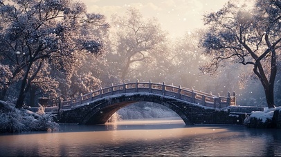 湖畔石桥冬日美景