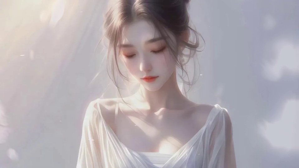 二次元厚涂插画中，身着白色露肩纱质上衣的年轻女性闭着双眼低垂眉眼，发丝挽成凌乱的发髻，暖金色侧逆光形成浅淡丁达尔光束，整体笼罩在浅灰调朦胧雾感背景中。