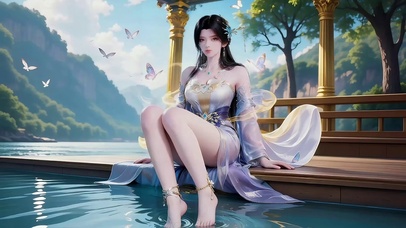 湖光山色间清澈湖面戏水古风美女