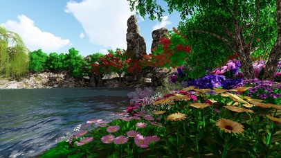 唯美蓝天白云花草河流