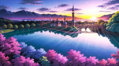 插画海边夕阳小镇